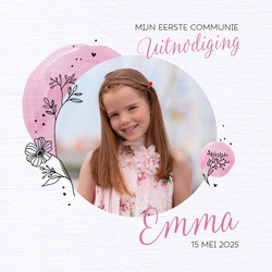 Communie Uitnodiging Emma   Lijntekening bloem Voorkant