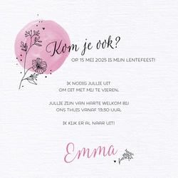 Communie Uitnodiging Emma   Lijntekening bloem Achterkant