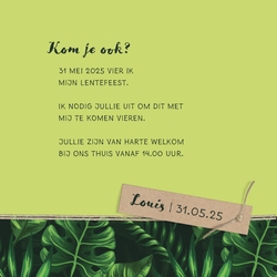 Communie Uitnodiging Louis   Jungle bladeren met label en touwtje Achterkant