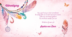 Communie Uitnodiging Sophia   Vrolijk gekleurde veren Achterkant