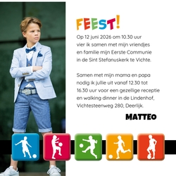 Communie Uitnodiging Matteo   Kleurrijke silhouetten voetbal Achterkant