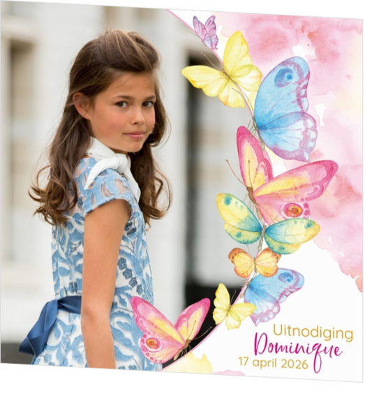 Communie Uitnodiging Dominique - Vrolijk gekleurde vlinders