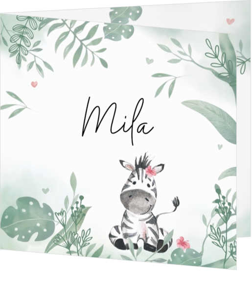 Geboortekaartje Mila - Zebra in de jungle