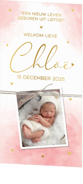 Geboortekaartje Chloë - Roze aquarel met gouden hartjes