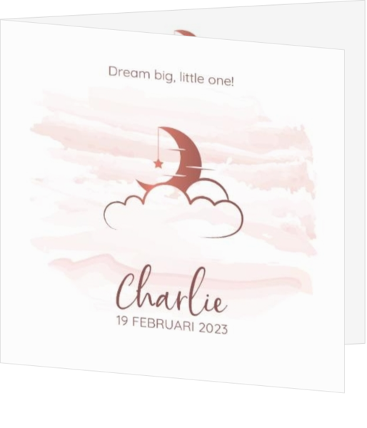 Geboortekaartje Charlie - Maan en wolkje op roze aquarel