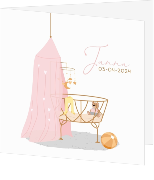 Geboortekaartje Janna - Roze Wiegje met sterren mobiel