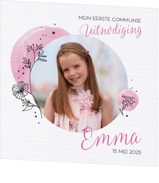 Communie Uitnodiging Emma - Lijntekening bloem