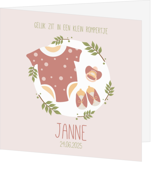 Geboortekaartje Janne - Rompertje, speen en schoentjes