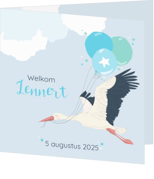 Geboortekaartje Lennert - Ooievaar met blauw ballonnen