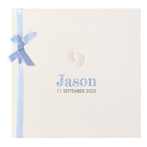 Geboortekaartje Jason - Oud-Hollands met voetjes en blauw lint