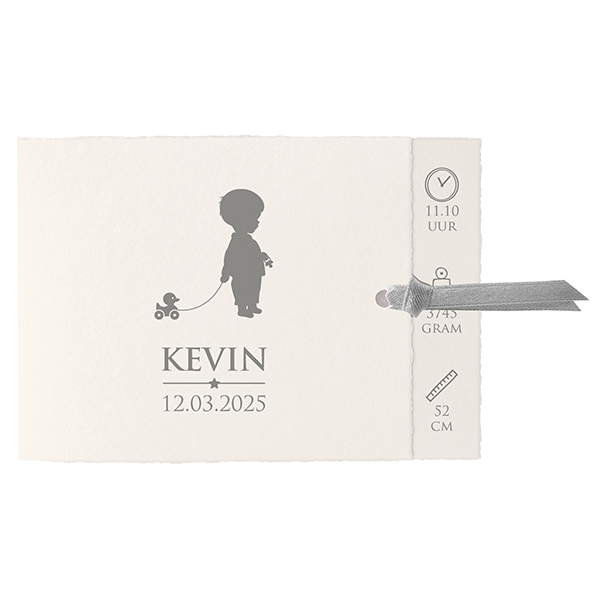 Geboortekaartje Kevin - Klassiek met lint en silhouet jongetje