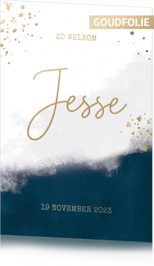 Geboortekaartje Jesse - Donkerblauw met goudfolie voorkant