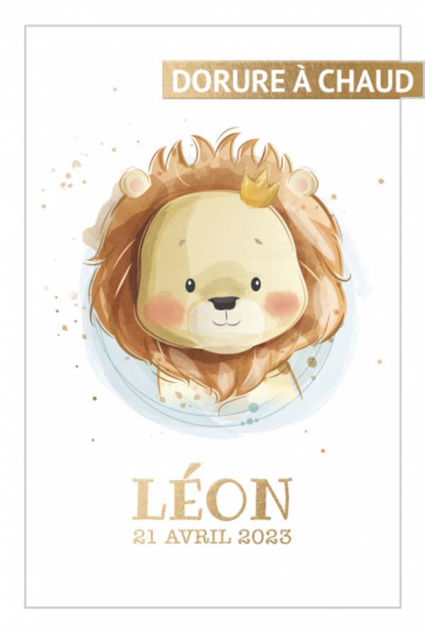  Faire-part de naissance Leon - Doux lion avec dorure à chaud dorée