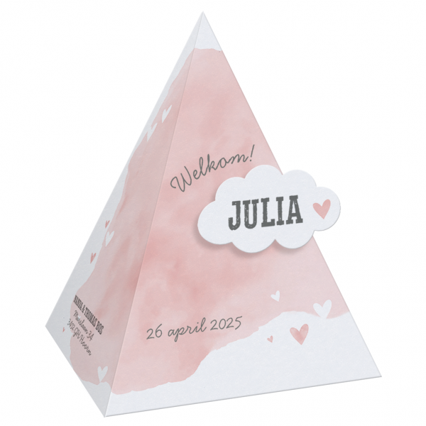 Geboortekaartje Julia - Piramide met zalmroze aquarel wolk