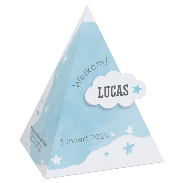 Geboortekaartje Levi - Piramide met aquarel wolk blauw