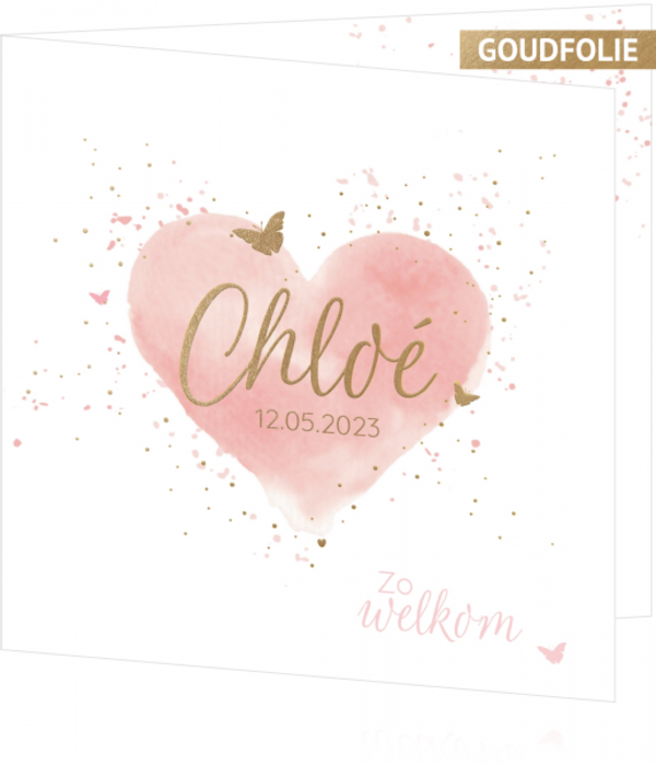 Geboortekaartje Chloé - Roze hart met goud