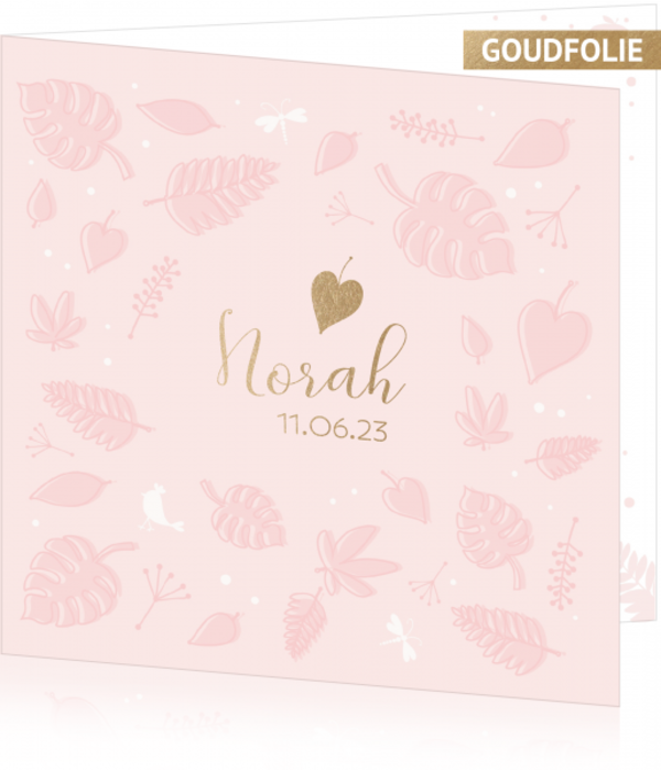 Geboortekaartje Norah - Roze met gouden blaadje
