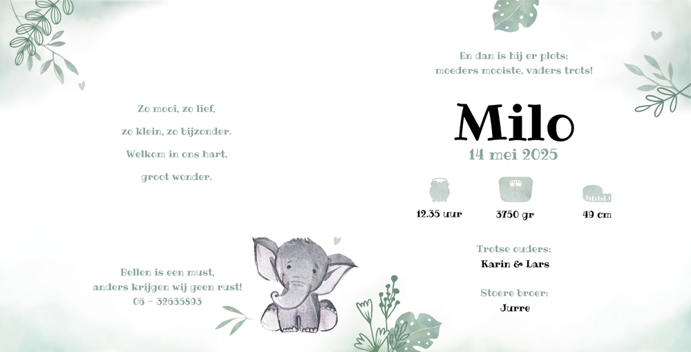 Geboortekaartje Milo   Olifant in de jungle Binnenkant