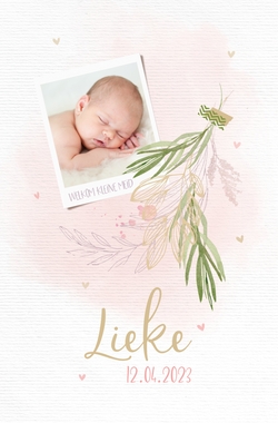Geboortekaartje Lieke   Roze aquarel met eigen foto Voorkant