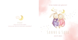 Geboortekaartje Sanne & Sara   Schattige slapende konijntjes Achterkant/Voorkant